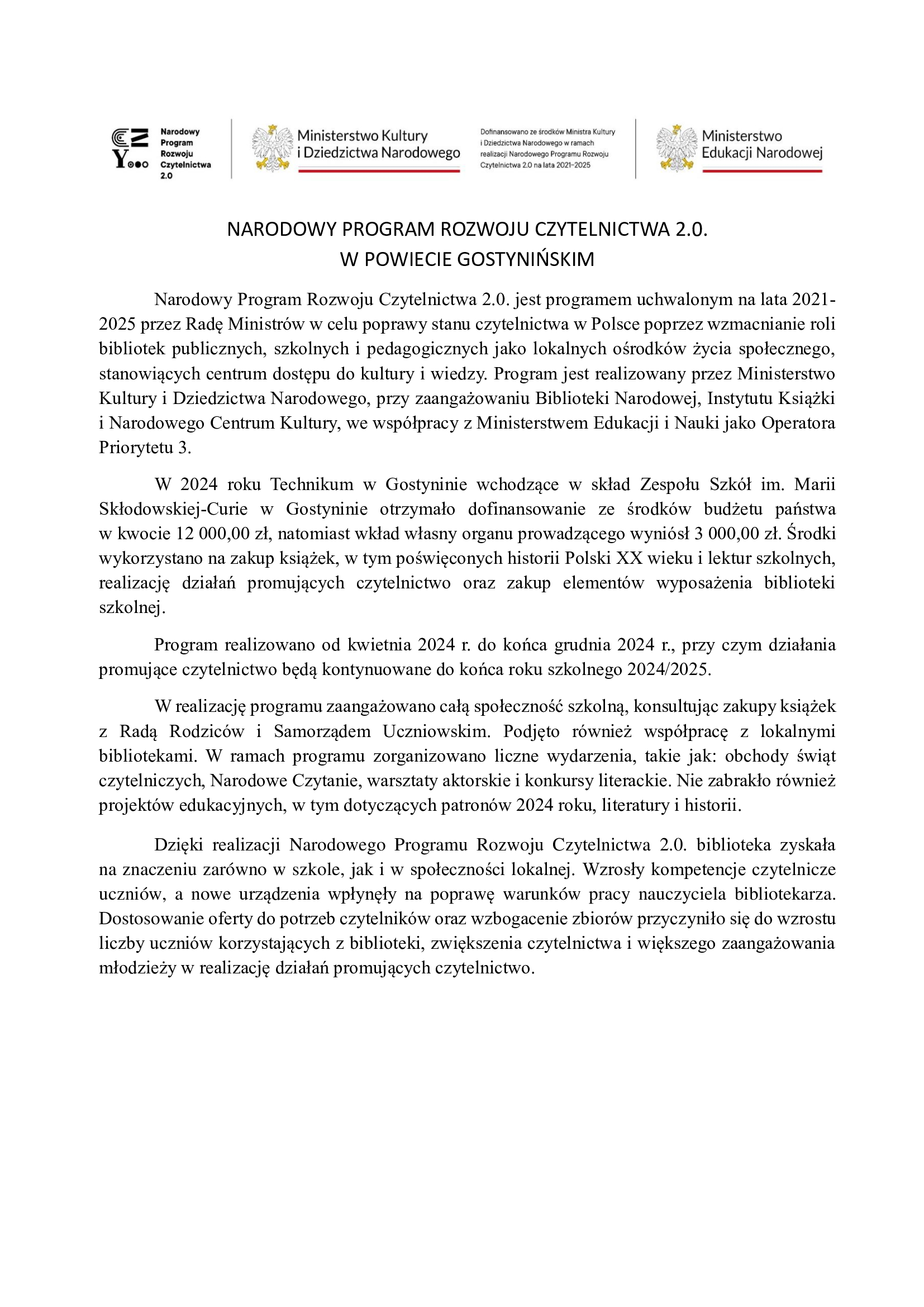Notatka Narodowy Program Rozwoju Czytelnictwa 20 Powiat Gostyniski