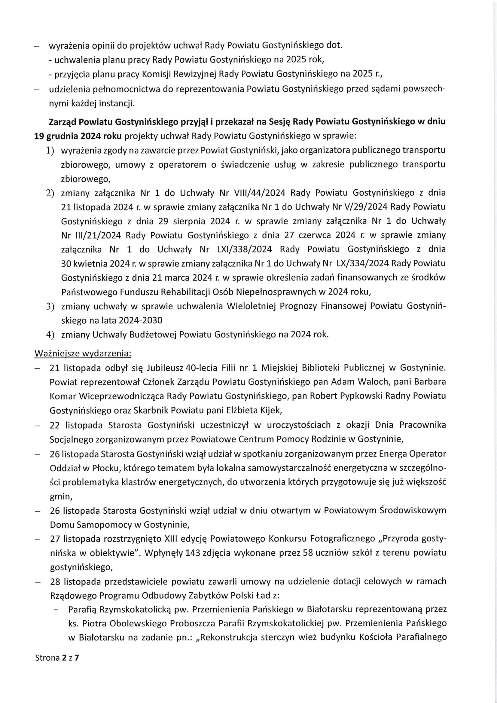 Sprawozdanie Starosty Gostynińskiego z wykonania uchwał Rady Powiatu Gostynińskiego i prac Zarządu Powiatu Gostynińskiego w okresie 21 listopada 2024 r. do 18 grudnia 2024 r. 2
