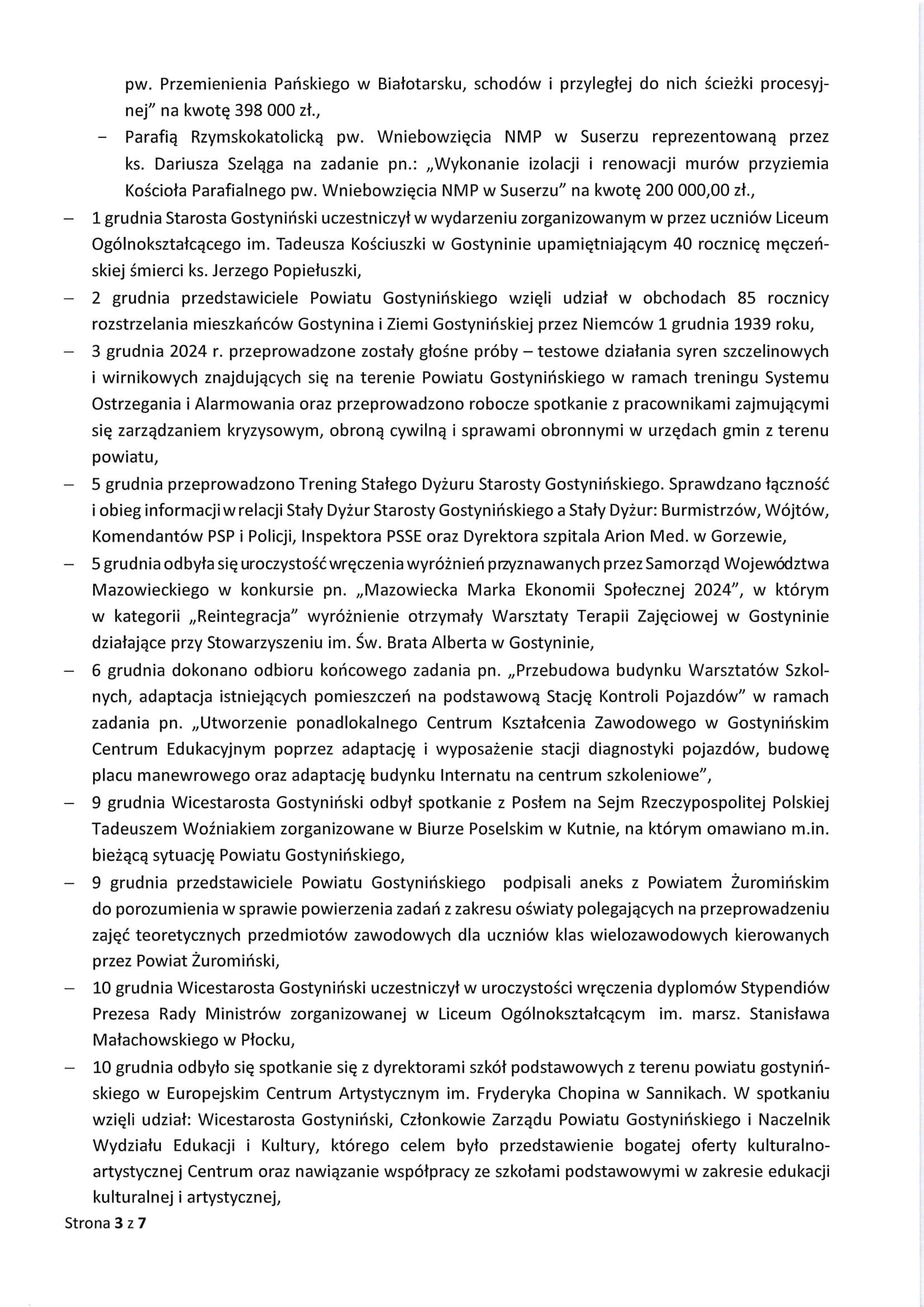 Sprawozdanie Starosty Gostynińskiego z wykonania uchwał Rady Powiatu Gostynińskiego i prac Zarządu Powiatu Gostynińskiego w okresie 21 listopada 2024 r. do 18 grudnia 2024 r. 3