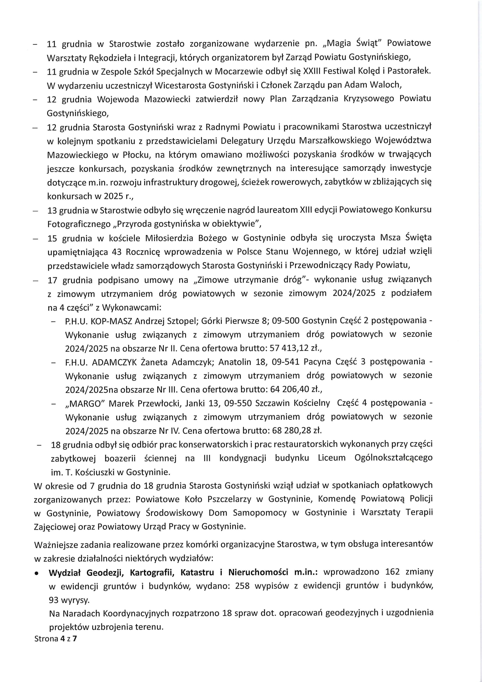 Sprawozdanie Starosty Gostynińskiego z wykonania uchwał Rady Powiatu Gostynińskiego i prac Zarządu Powiatu Gostynińskiego w okresie 21 listopada 2024 r. do 18 grudnia 2024 r. 4