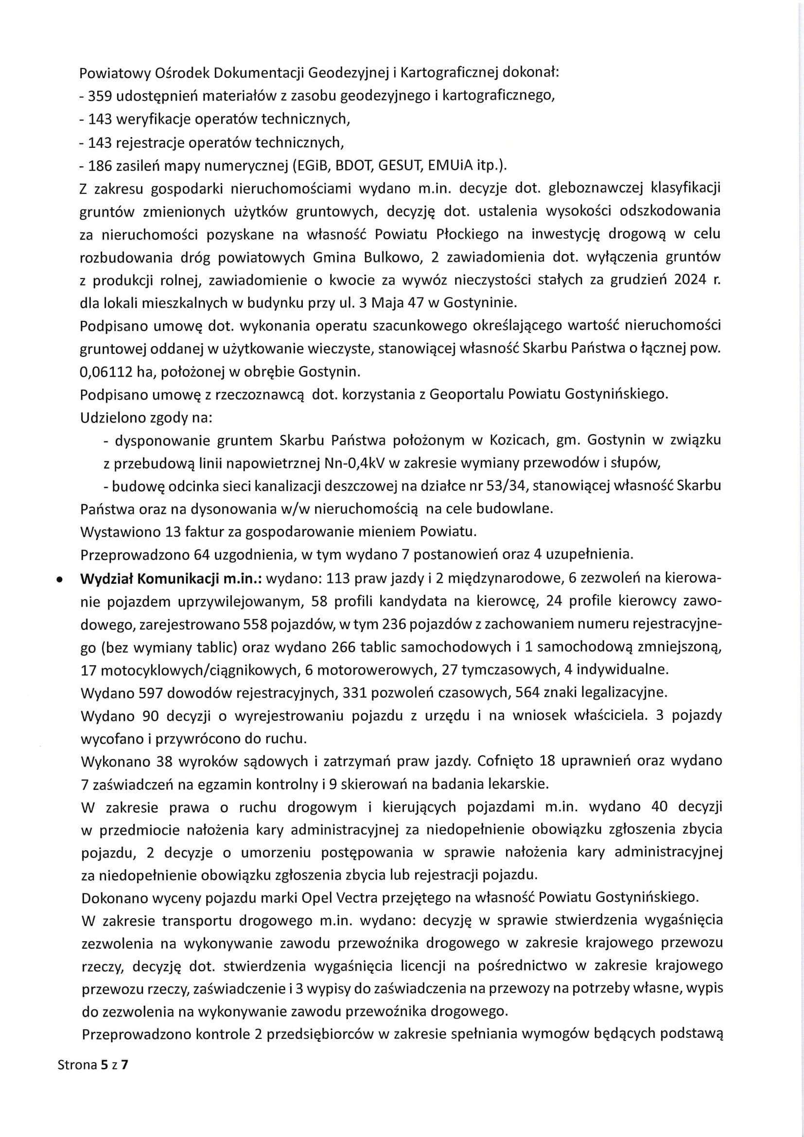 Sprawozdanie Starosty Gostynińskiego z wykonania uchwał Rady Powiatu Gostynińskiego i prac Zarządu Powiatu Gostynińskiego w okresie 21 listopada 2024 r. do 18 grudnia 2024 r. 5