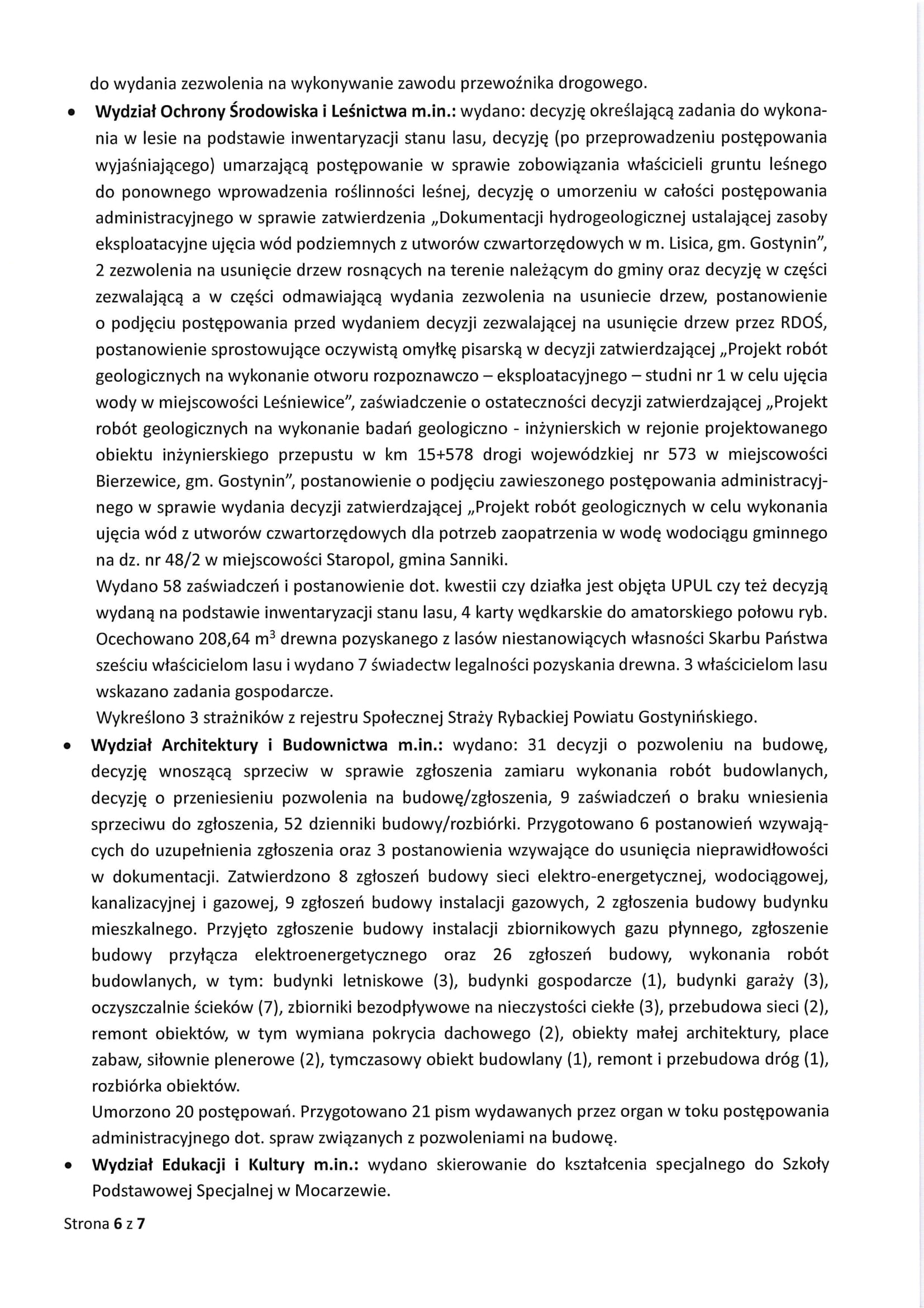 Sprawozdanie Starosty Gostynińskiego z wykonania uchwał Rady Powiatu Gostynińskiego i prac Zarządu Powiatu Gostynińskiego w okresie 21 listopada 2024 r. do 18 grudnia 2024 r. 6