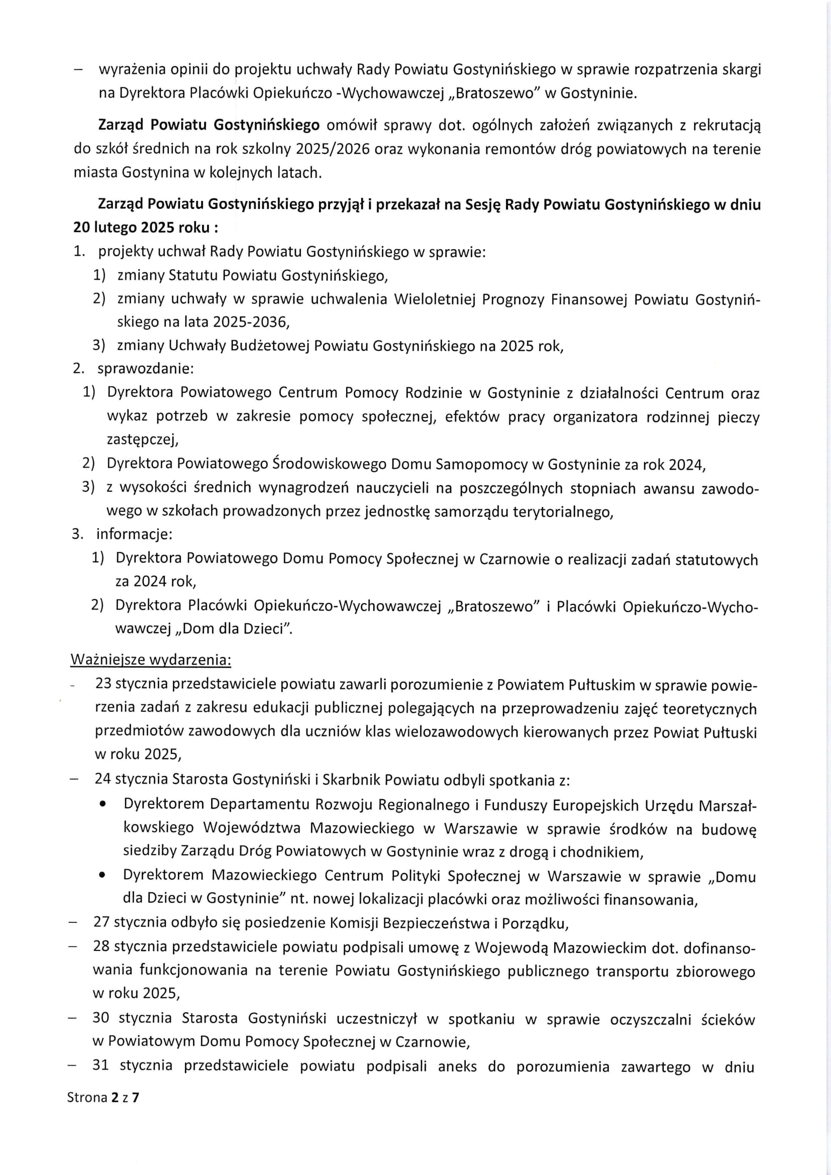 Sprawozdanie Starosty Gostynińskiego z wykonania uchwał Rady Powiatu Gostynińskiego i prac Zarzadu Powiatu w okresie 23 stycznia 2025 roku do dnia 19 lutego 2025 roku 2
