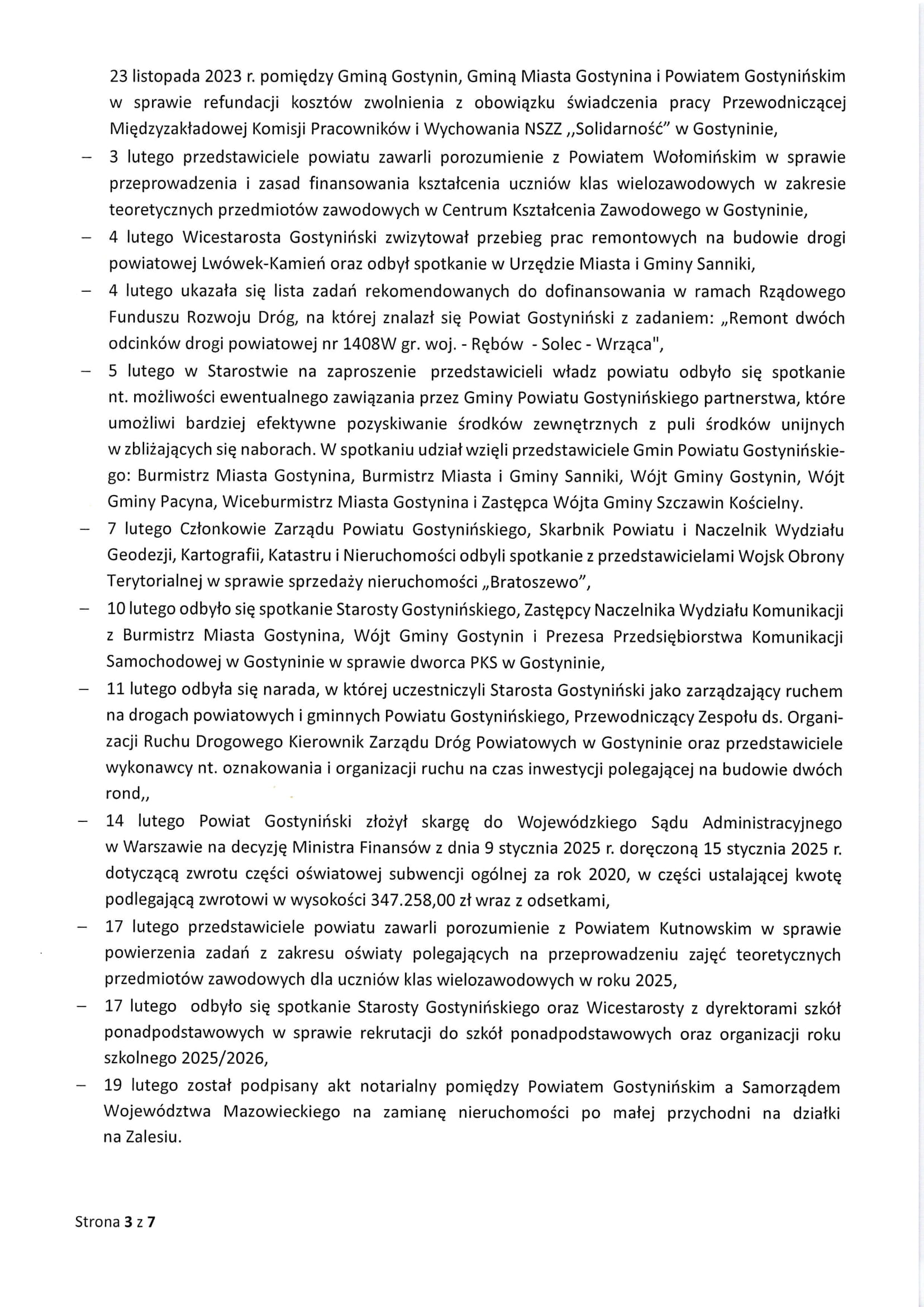 Sprawozdanie Starosty Gostynińskiego z wykonania uchwał Rady Powiatu Gostynińskiego i prac Zarzadu Powiatu w okresie 23 stycznia 2025 roku do dnia 19 lutego 2025 roku 3