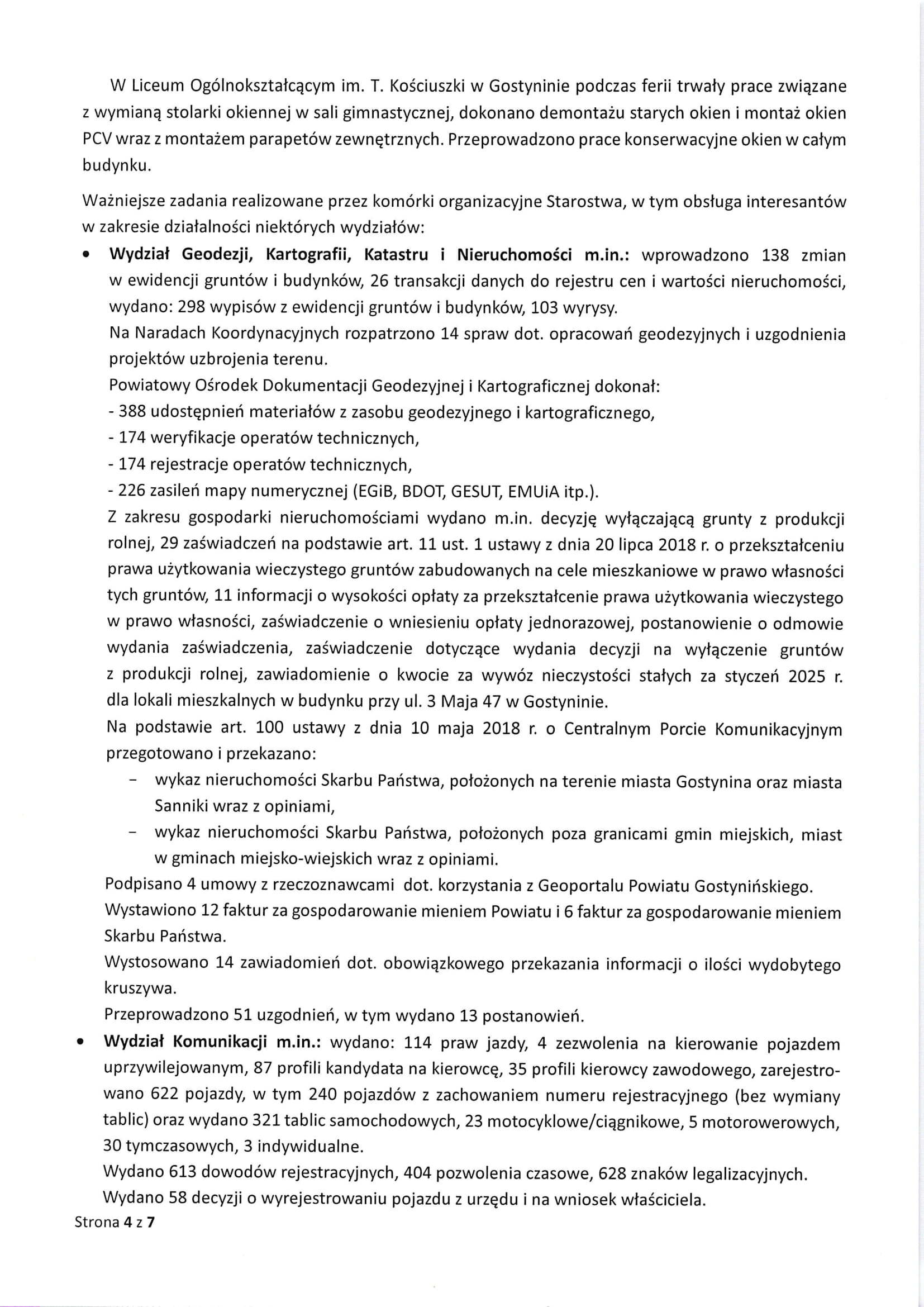 Sprawozdanie Starosty Gostynińskiego z wykonania uchwał Rady Powiatu Gostynińskiego i prac Zarzadu Powiatu w okresie 23 stycznia 2025 roku do dnia 19 lutego 2025 roku 4