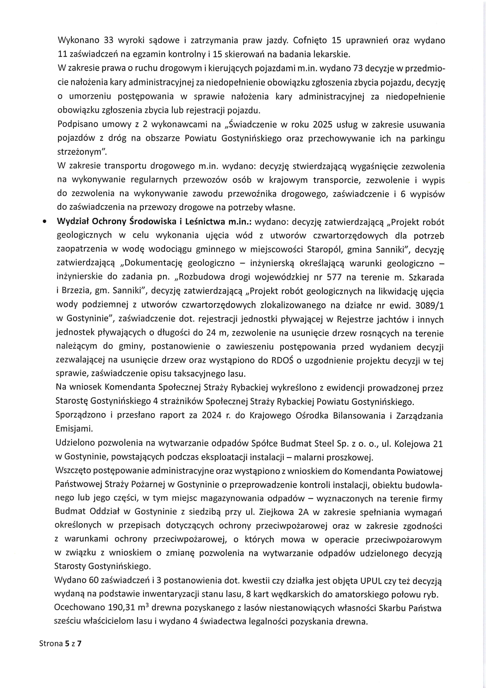 Sprawozdanie Starosty Gostynińskiego z wykonania uchwał Rady Powiatu Gostynińskiego i prac Zarzadu Powiatu w okresie 23 stycznia 2025 roku do dnia 19 lutego 2025 roku 5