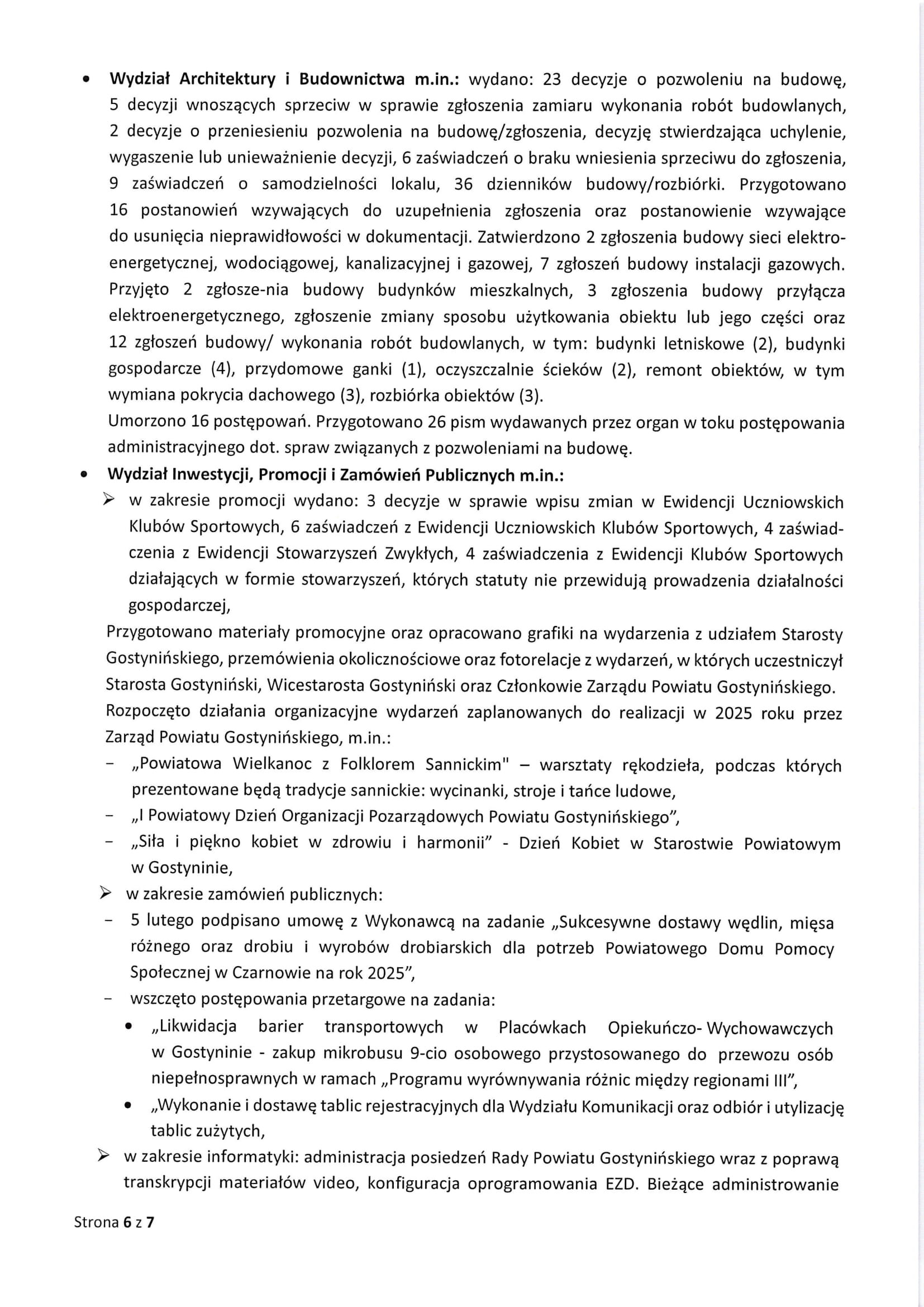 Sprawozdanie Starosty Gostynińskiego z wykonania uchwał Rady Powiatu Gostynińskiego i prac Zarzadu Powiatu w okresie 23 stycznia 2025 roku do dnia 19 lutego 2025 roku 6