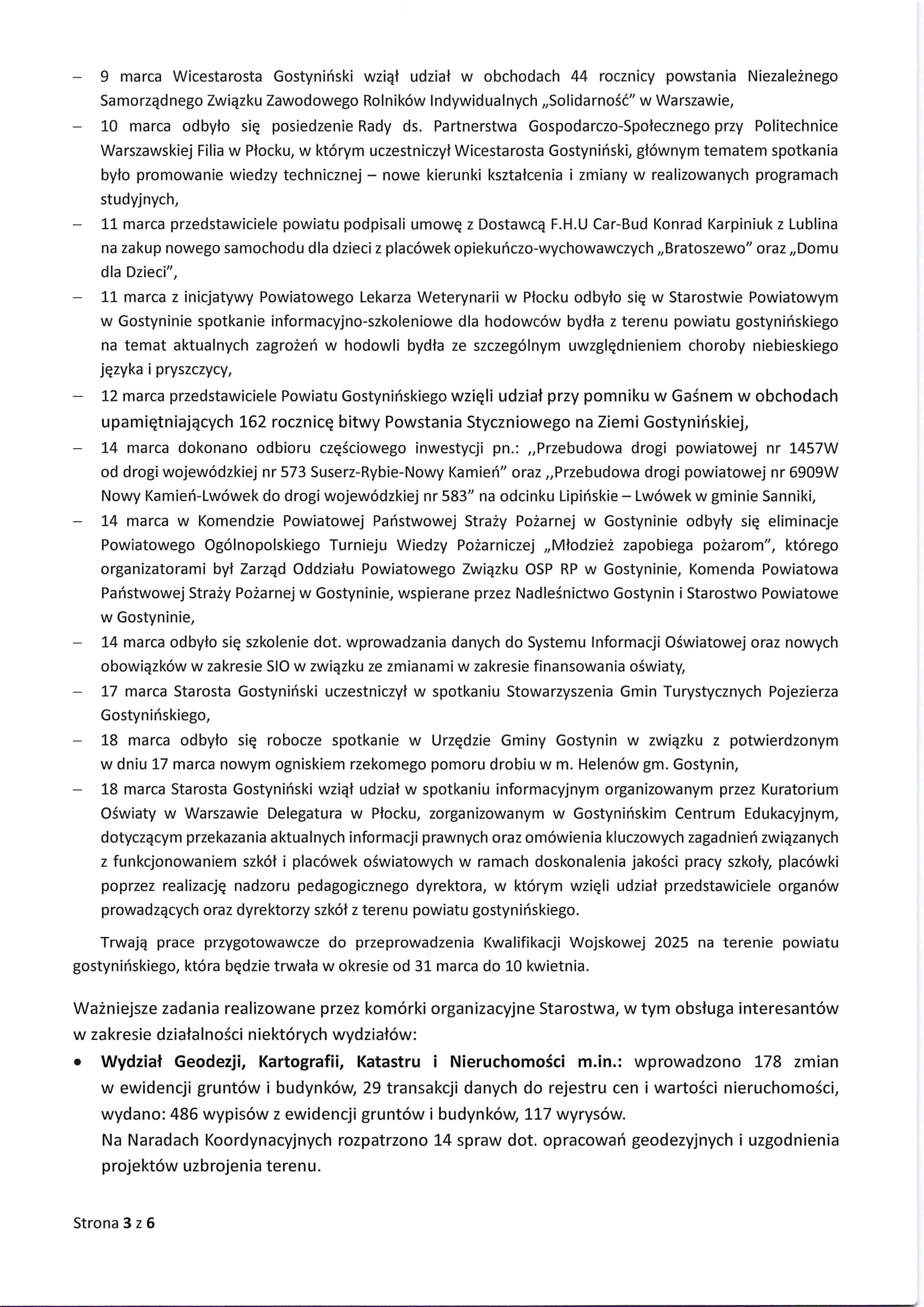 Sprawozdanie Starosty Gostynińskiego z wykonania uchwał Rady Powiatu Gostynińskiego i prac Zarządu Powiatu w okresie od 20 lutego 2025 roku do 19 marca 2025 roku 3