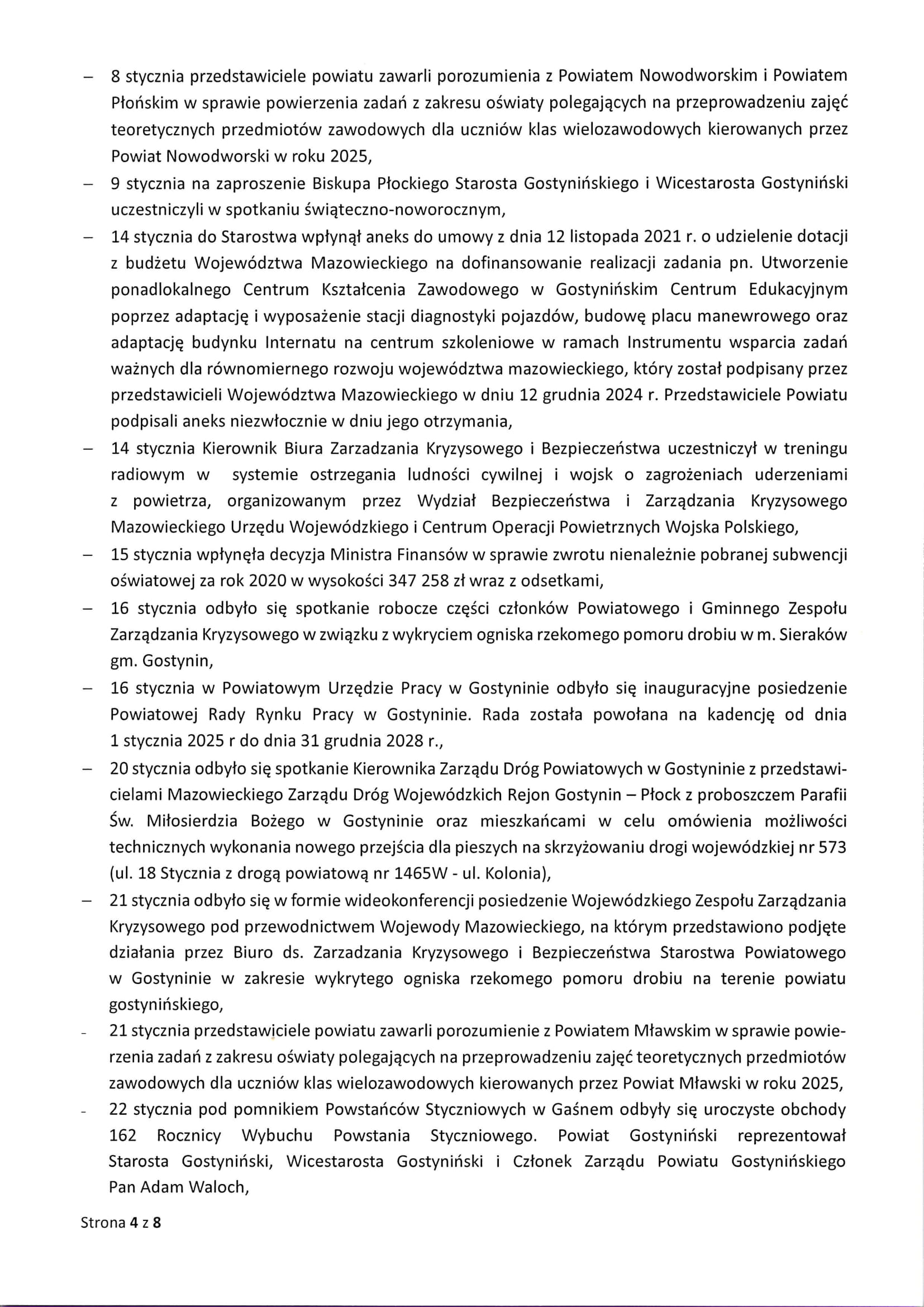 Sprawozdanie Starosty Gostynińskiego z wykonania uchwał Rady Powiatu Gostynińskiego i prac Zarzadu Powiatu w okresie od dnia 19 grudnia 2024 roku do dnia 22 stycznia 2025 roku 4