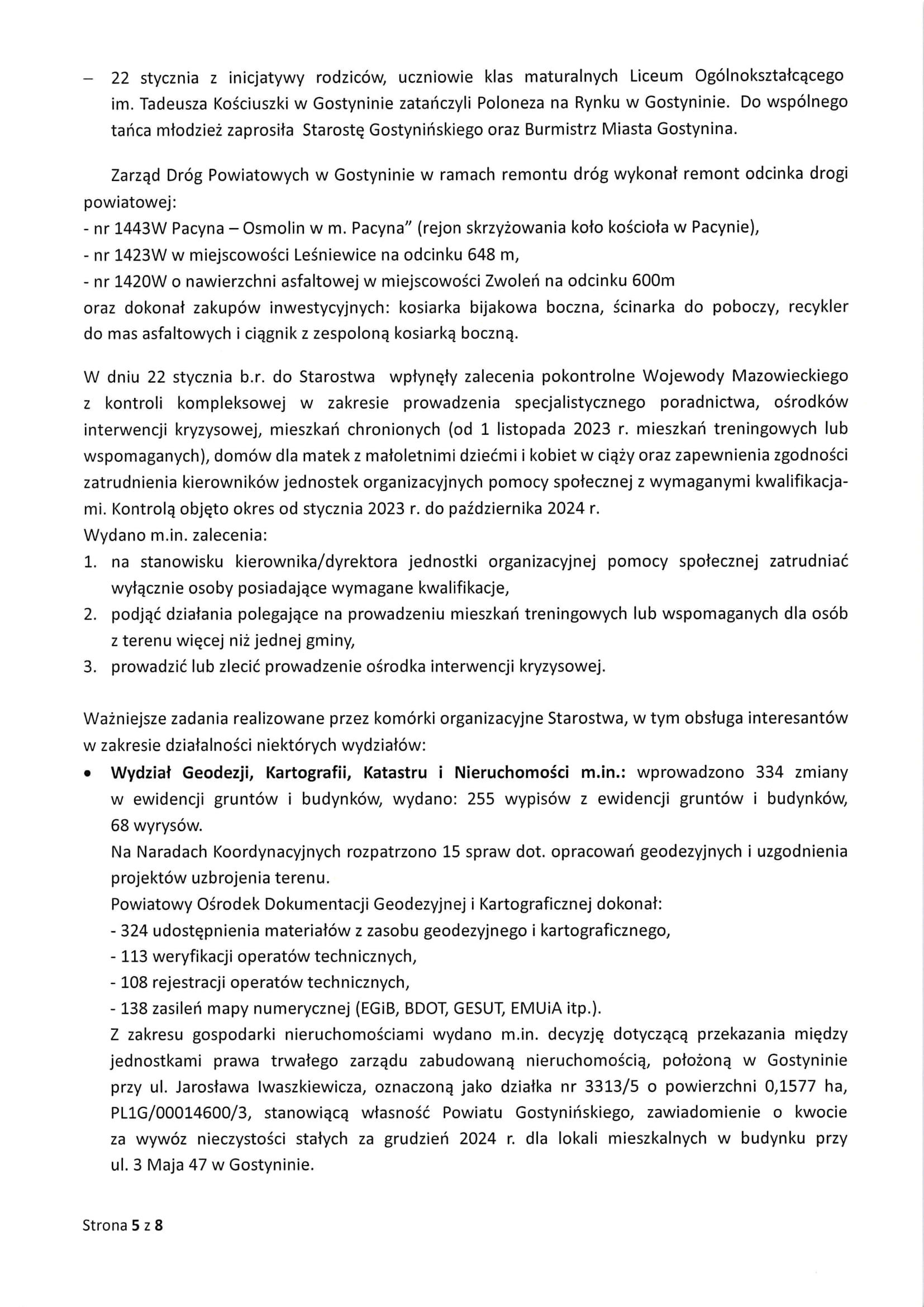 Sprawozdanie Starosty Gostynińskiego z wykonania uchwał Rady Powiatu Gostynińskiego i prac Zarzadu Powiatu w okresie od dnia 19 grudnia 2024 roku do dnia 22 stycznia 2025 roku 5