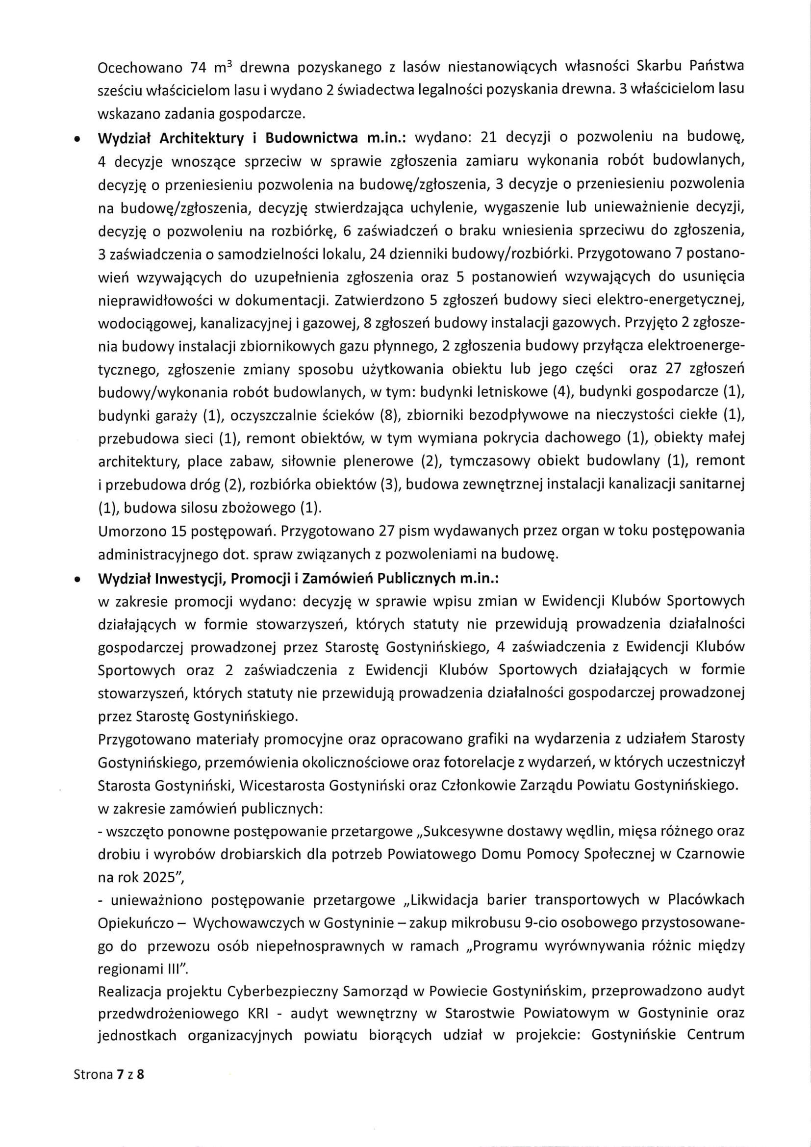 Sprawozdanie Starosty Gostynińskiego z wykonania uchwał Rady Powiatu Gostynińskiego i prac Zarzadu Powiatu w okresie od dnia 19 grudnia 2024 roku do dnia 22 stycznia 2025 roku 7