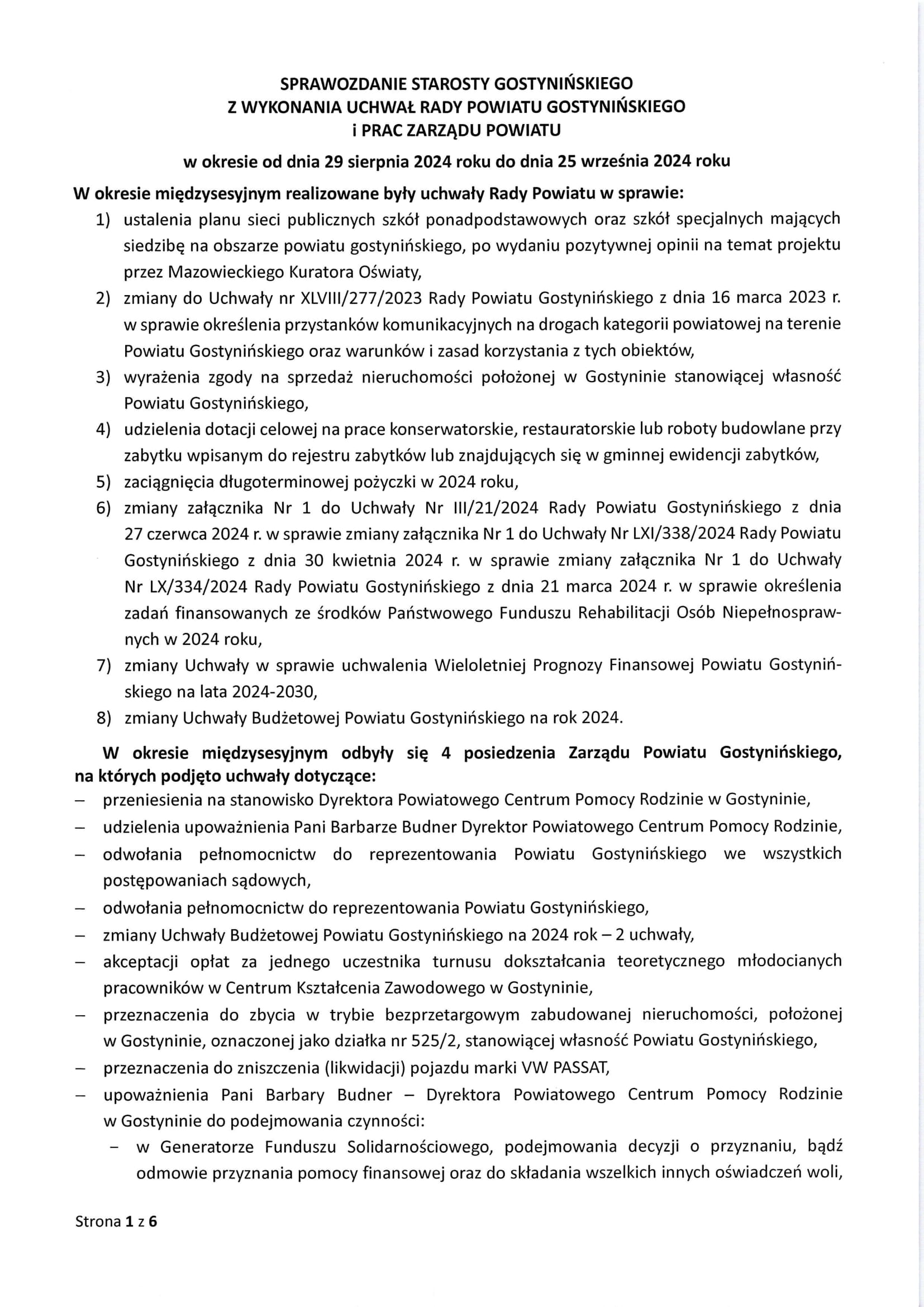 Sprawozdanie Starosty Gostynińskiego z wykonania uchwał Rady Powiatu Gostynińskiego i prac Zarządu Powiatu w okresie od dnia 29.08.2024 r. do dnia 25.09.2024 r. 1