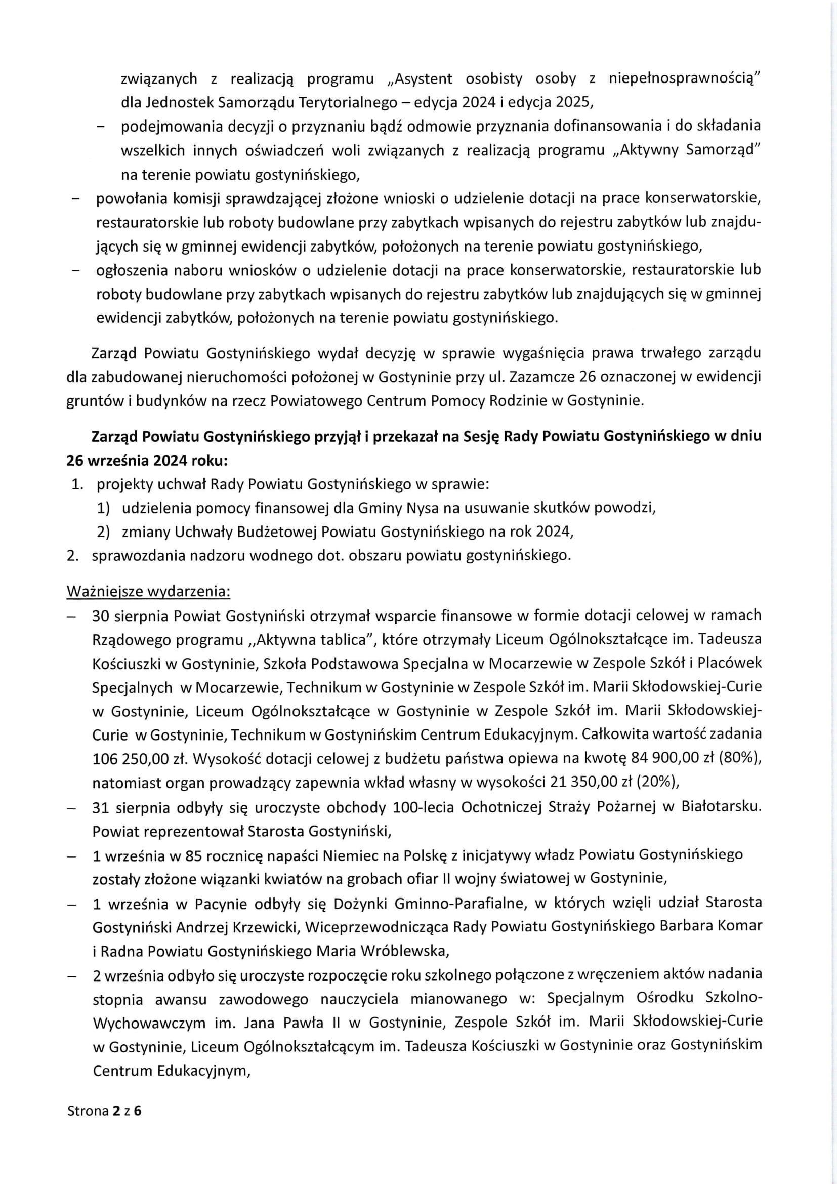 Sprawozdanie Starosty Gostynińskiego z wykonania uchwał Rady Powiatu Gostynińskiego i prac Zarządu Powiatu w okresie od dnia 29.08.2024 r. do dnia 25.09.2024 r. 2