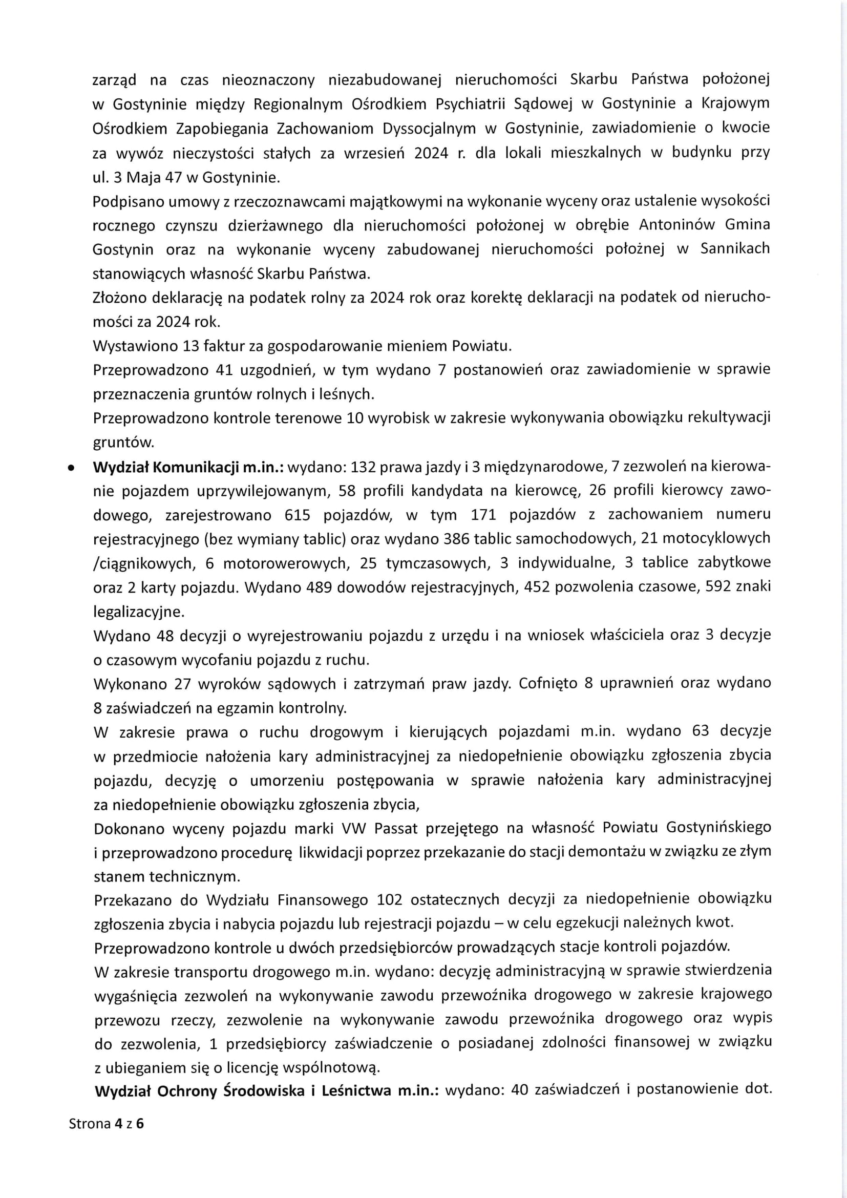 Sprawozdanie Starosty Gostynińskiego z wykonania uchwał Rady Powiatu Gostynińskiego i prac Zarządu Powiatu w okresie od dnia 29.08.2024 r. do dnia 25.09.2024 r. 4
