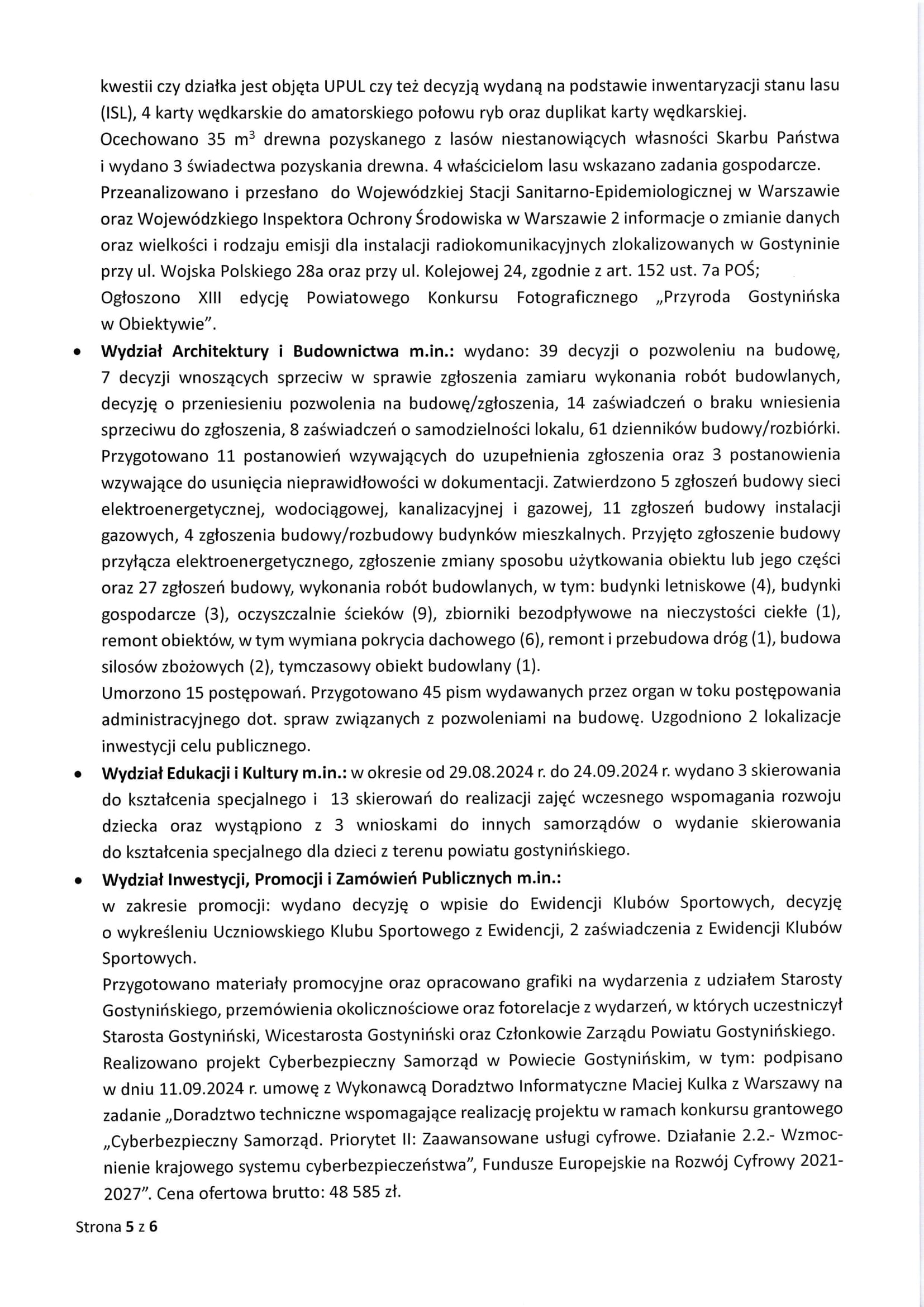Sprawozdanie Starosty Gostynińskiego z wykonania uchwał Rady Powiatu Gostynińskiego i prac Zarządu Powiatu w okresie od dnia 29.08.2024 r. do dnia 25.09.2024 r. 5