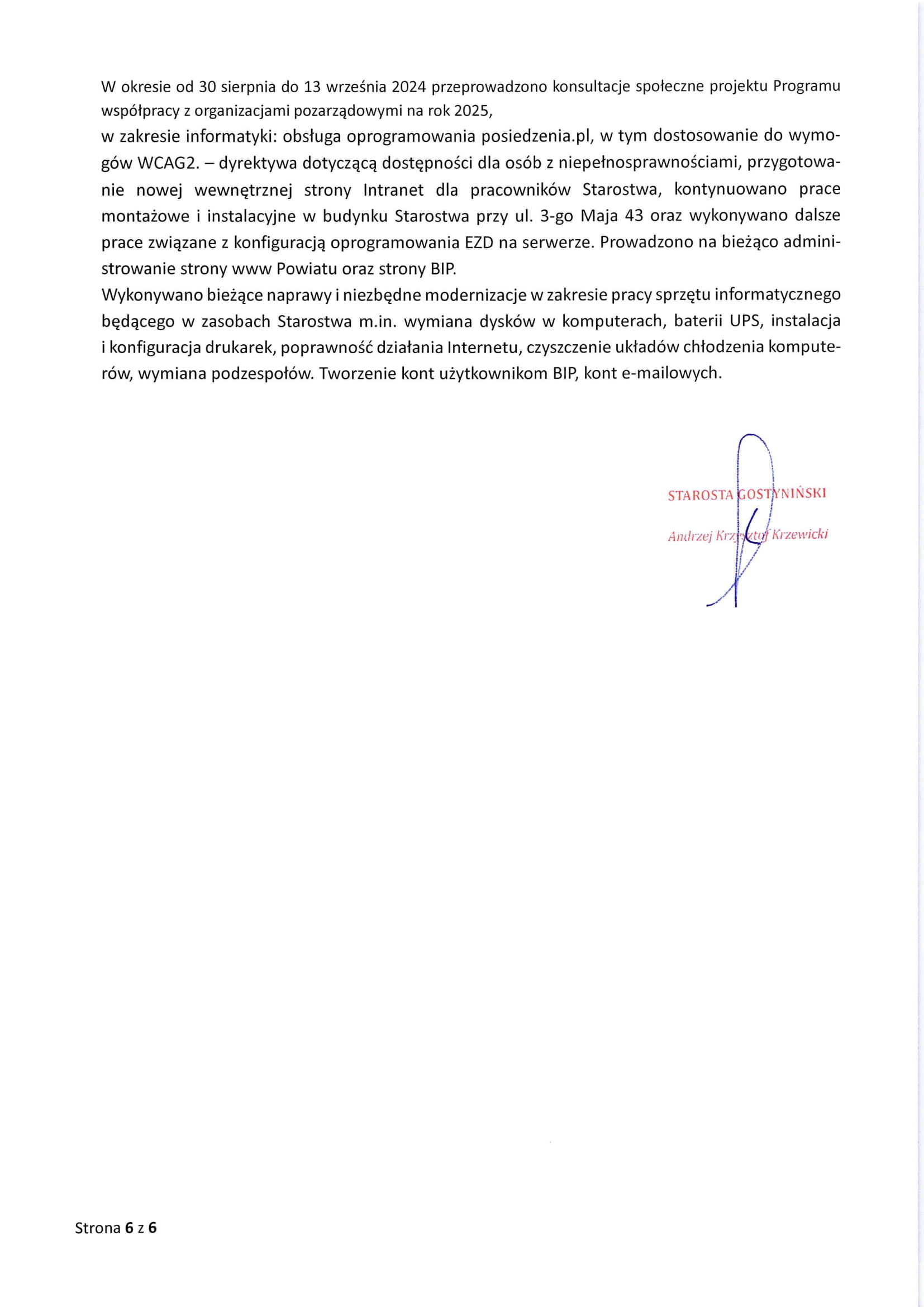 Sprawozdanie Starosty Gostynińskiego z wykonania uchwał Rady Powiatu Gostynińskiego i prac Zarządu Powiatu w okresie od dnia 29.08.2024 r. do dnia 25.09.2024 r. 6